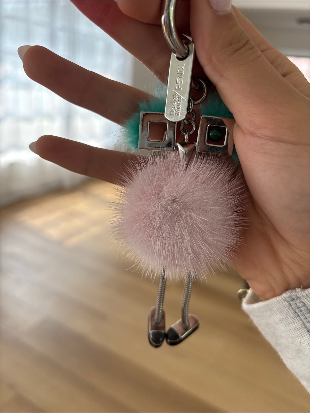 Fendi Pink and Teal Fur Pom-Pom Key Charm with Silver Hardware